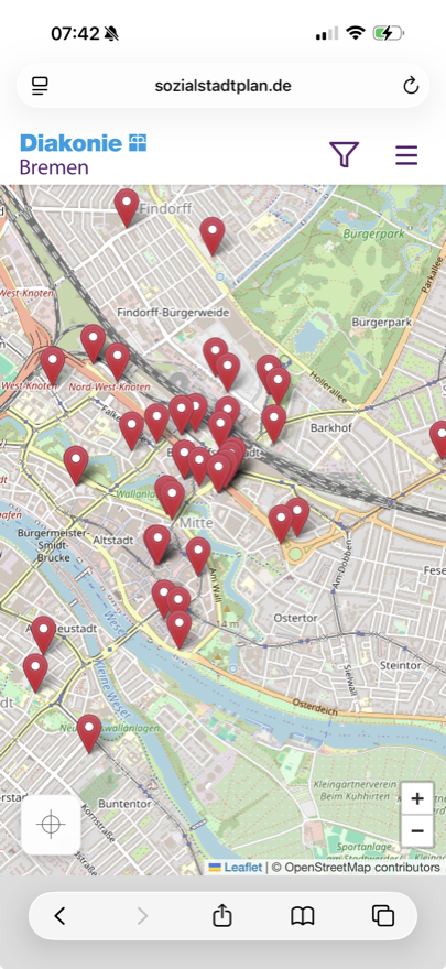 Sozialstadtplan Bremen — Kartenansicht mit Hilfsangeboten in Bremen-Mitte